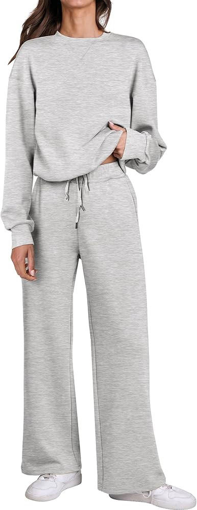 Caracilia Women's 2 Piece Outfits Sweatsuit Fall Crewneck Sweatshirts Wide Leg Pants Lounge Match... | Amazon (US)