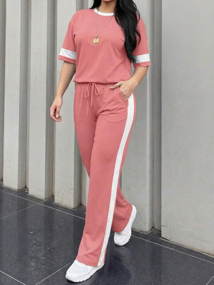 2pcs/Set Women's Casual Colorblock Round Neck Short Sleeve Top And High Waist Drawstring Straight Leg Pants, Spring/Summer Pink | SHEIN