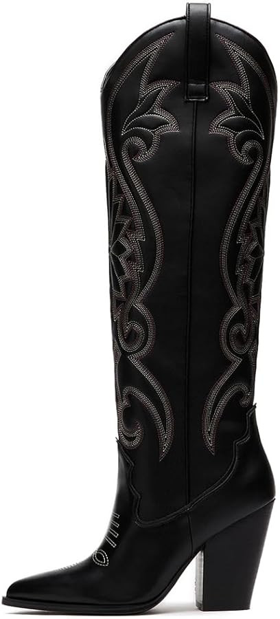 VOMIRA Knee High Cowboy Boots for Women Pointed Toe Chunky High Heels Pull-on Embroidered Boots W... | Amazon (US)