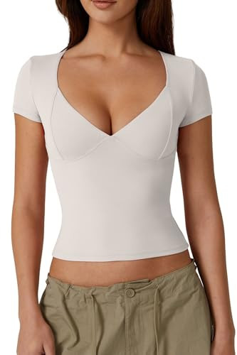 QINSEN Women's V Neck Short Sleeve T Shirts Double Lined Tee Seamed Cup Going Out Tops | Amazon (US)