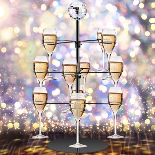 DoubleFill Champagne Tower Cocktail Tree Stand with Disco Ball Champagne Tree Holder Flight Tasting Display 3 Tier 12 Holders Champagne Glasses Holder for Wedding, Bridal Shower, Party | Amazon (US)