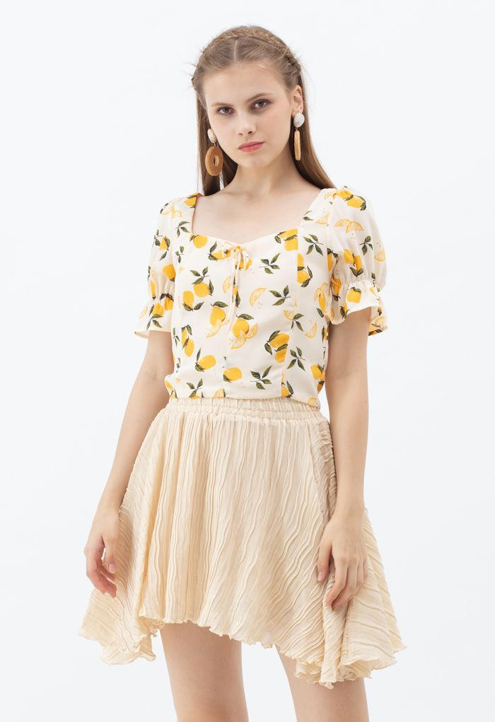 Lemon Print Square Neck Bowknot Crop Top | Chicwish