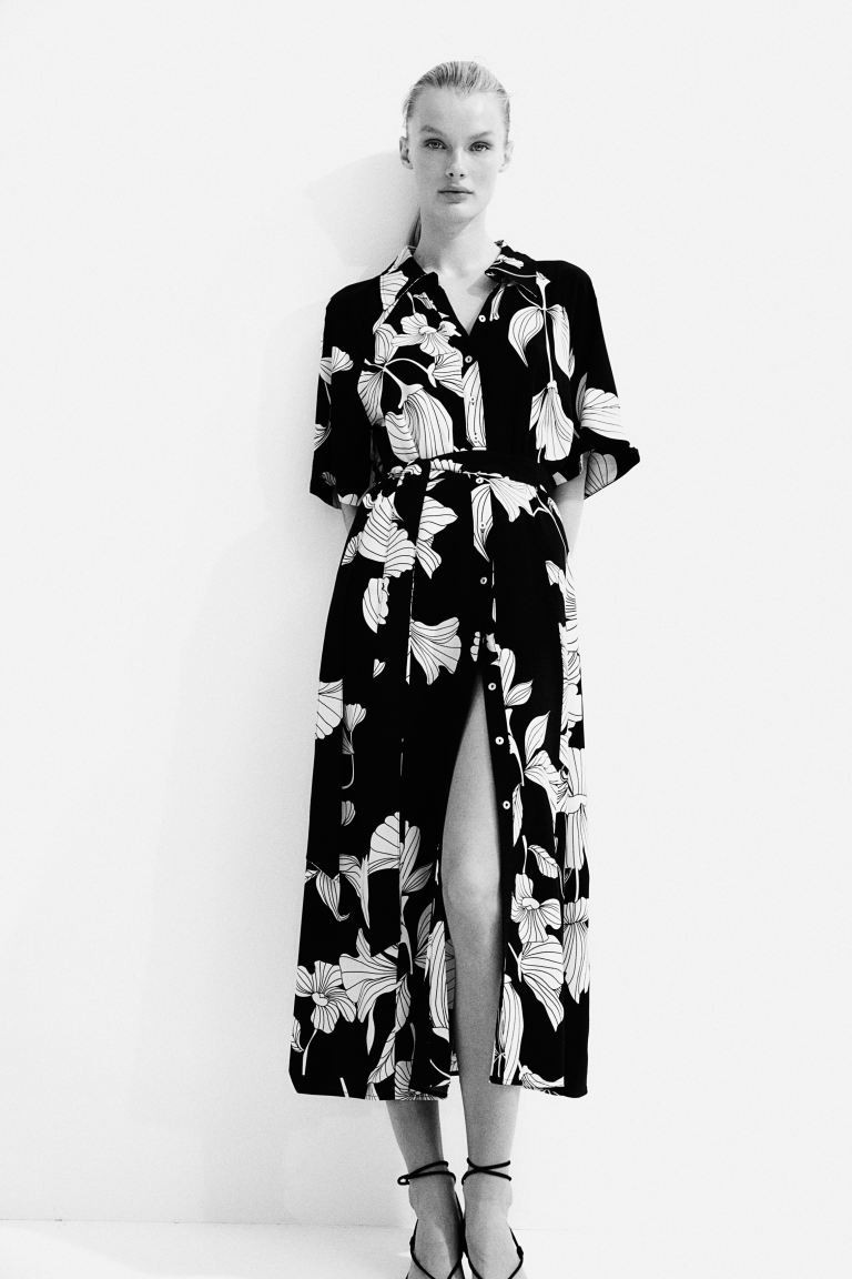 Tie-belt Shirt Dress - Short sleeve - Midi - Black/white floral - Ladies | H&M US | H&M (US + CA)