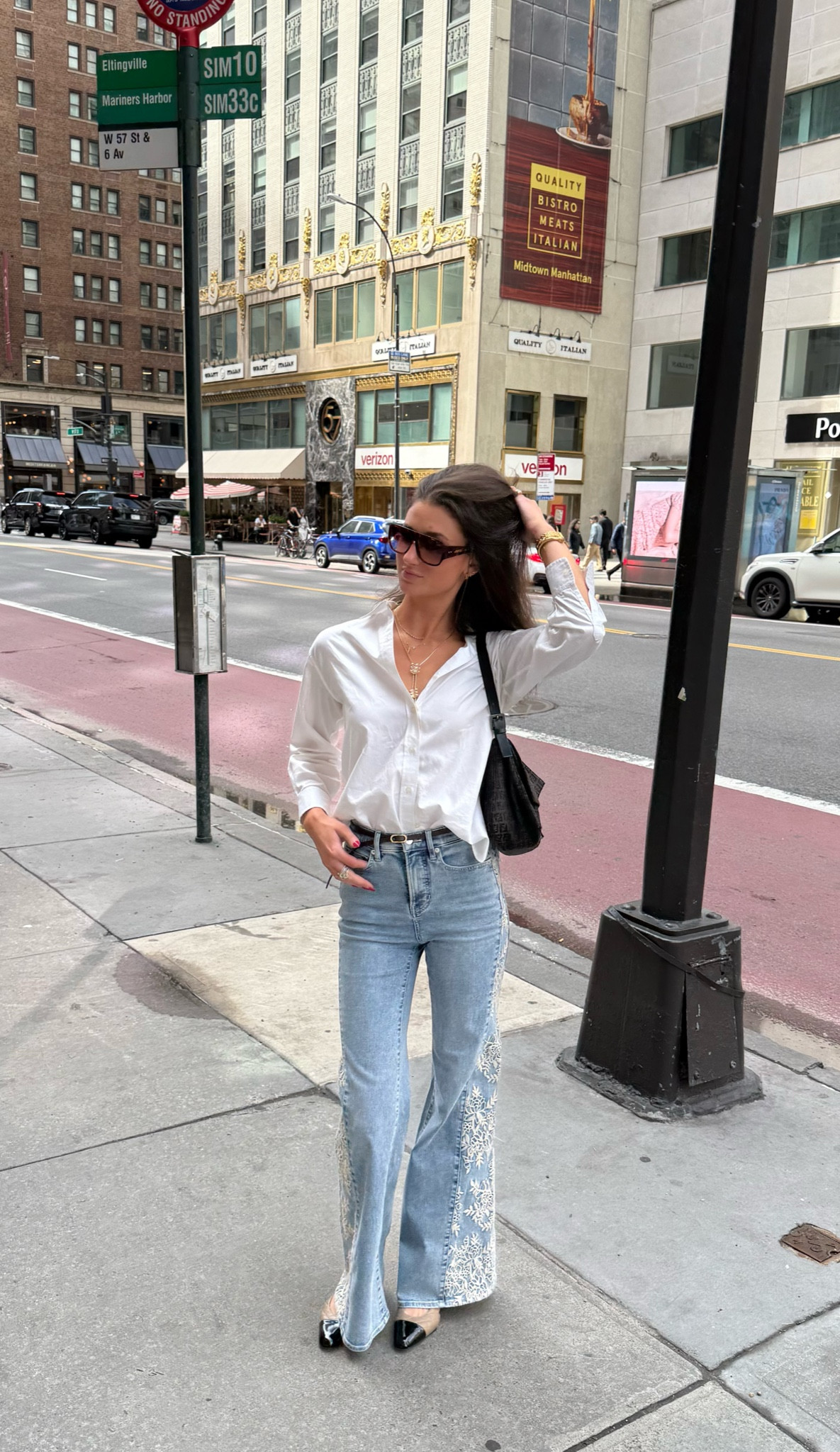 New York outfit. Shopping outfit. Brunch outfit. City outfit. White button down and detailed jeans. Sunglasses. Gold necklace ￼

#LTKTall #LTKWorkwear #LTKootd