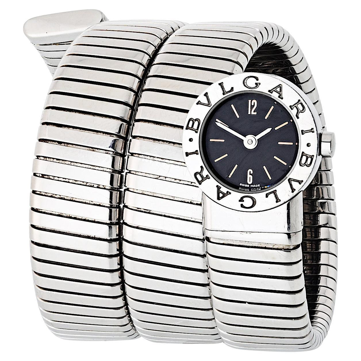 Bvlgari Serpentine Stainless Steel BB19 Black Round Dial Ladies Watch | 1stDibs