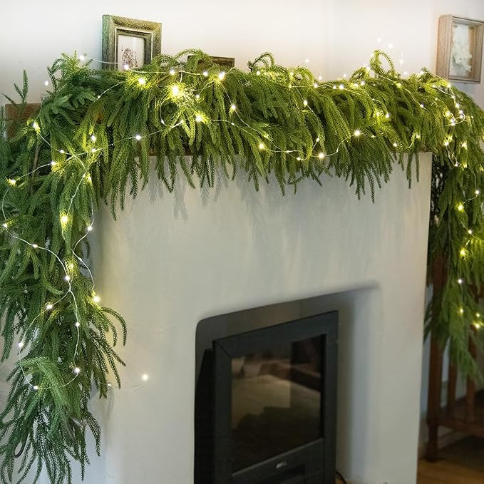 MISSPIN 6ft Christmas Garland with String Lights, Real Touch Norfolk Pine Garland, Green Artifici... | Amazon (US)