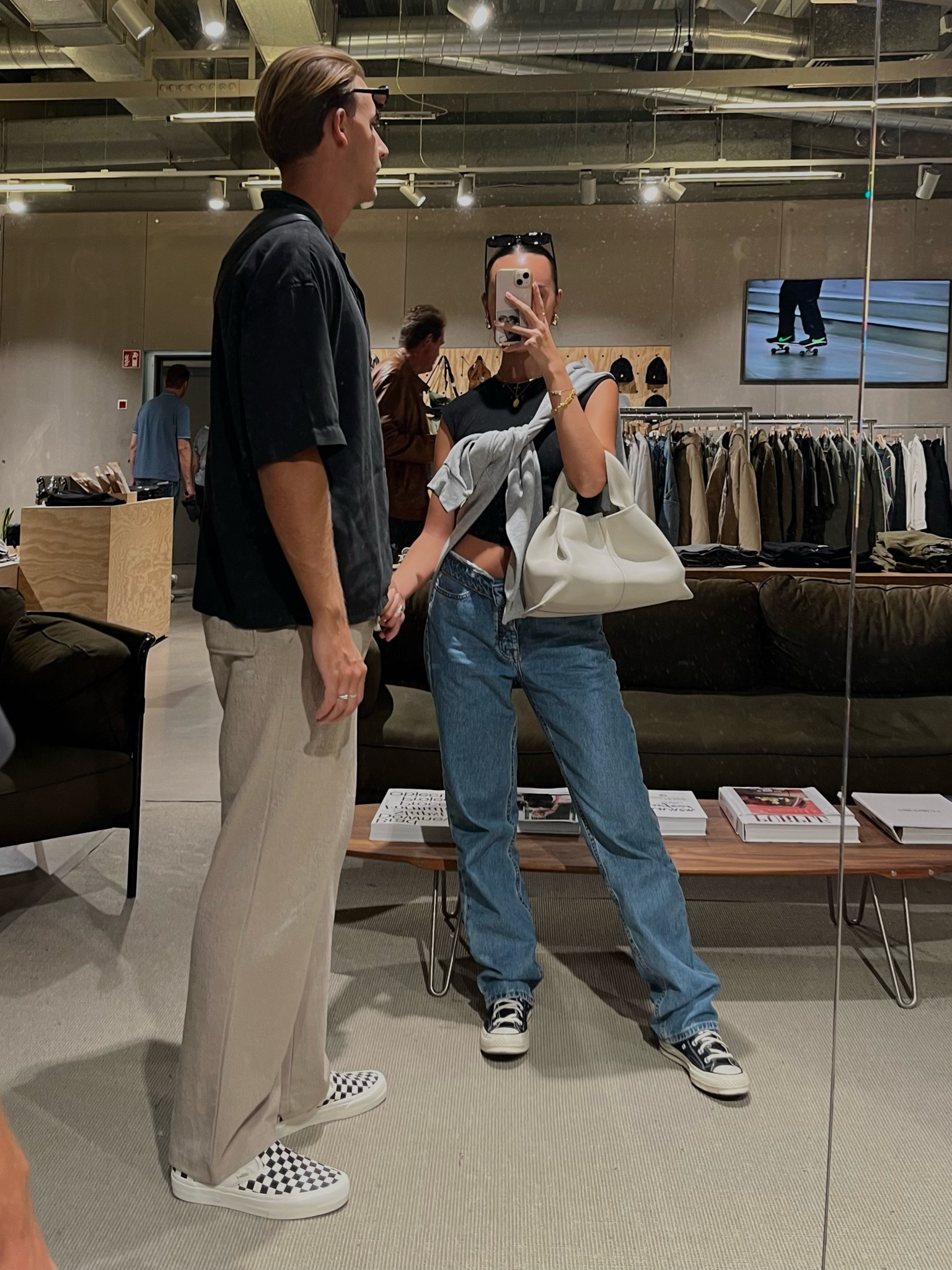 🇩🇪 date day out in Düsseldorf - 
S: black open back tshirt + grey hoodie + blue oversized boyfriend jeans + black and white high top converse chuck 70 vintage canvas shoes + Polene white leather handbag numero neuf mini 

J: charcoal short sleeve shirt + khaki beige textured trousers + vans classic checkered slip on shoes 

#LTKtravel #LTKstyletip #LTKeurope