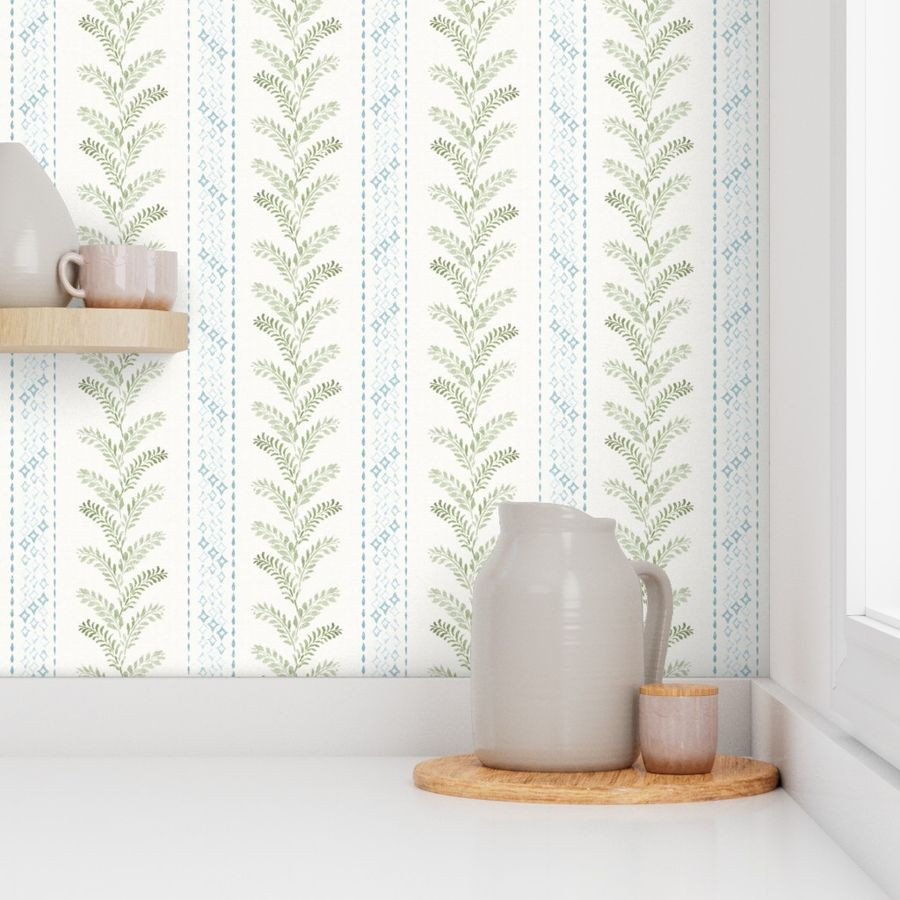 Watercolor grandmilenial climbing vine leaves and stripes  - sage green blue | Spoonflower