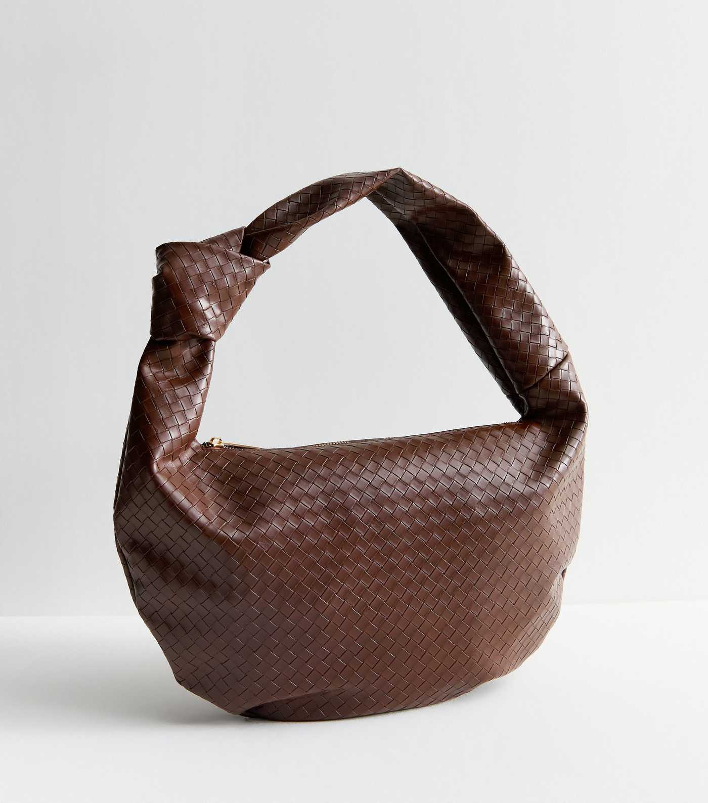 Dark Brown Faux Leather Woven Look Knotted Shoulder Bag | New Look | New Look (UK)