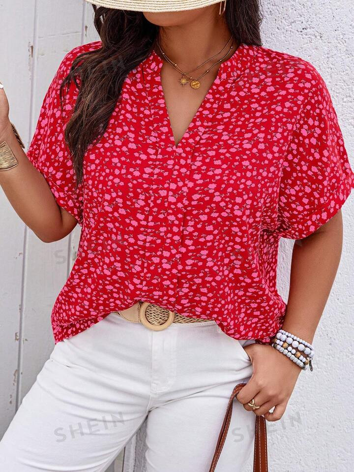 SHEIN Essnce Plus Size Casual Short Sleeve Shirt With Notch Neckline And Random Floral Pattern, S... | SHEIN