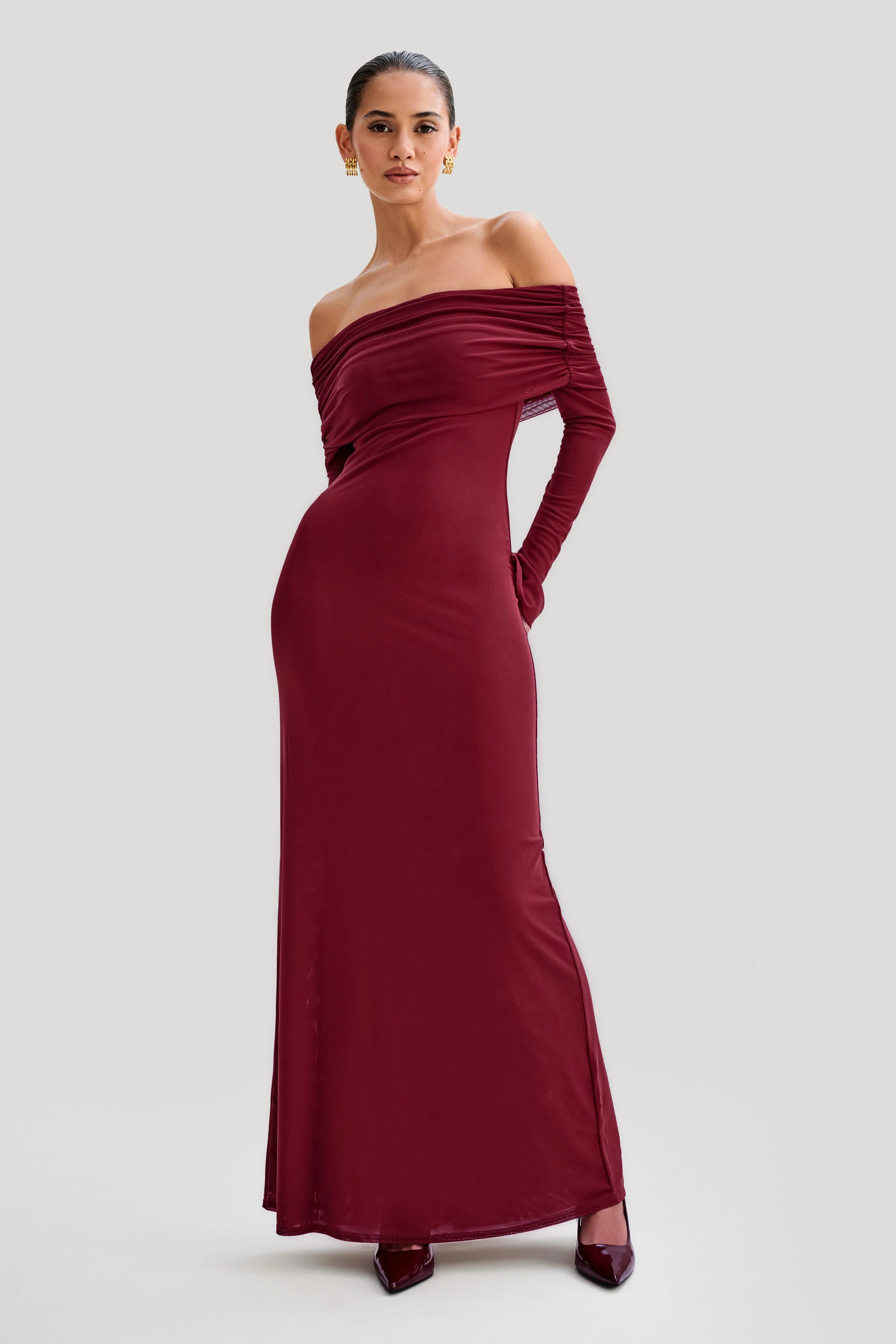 Josie Off Shoulder Mesh Maxi Dress - Wine | Meshki (APAC)