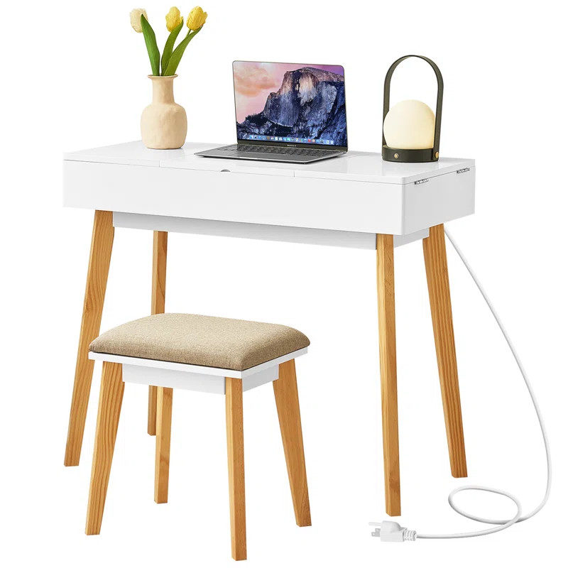 George Oliver Naiyeli Makeup Vanity Desk With Flip Top Lighted Mirror And Chair, Solid Wood Vanit... | Wayfair North America