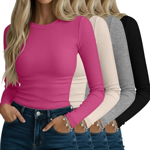 Neer 4 Pack Women's Ribbed Long Sleeve Shirts, Cotton Crew Neck Slim Fit Tops Stretch Knit Casual... | Amazon (US)
