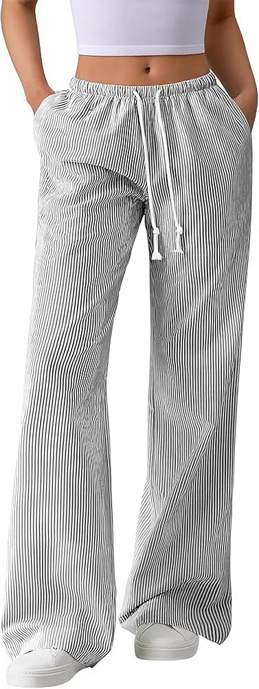 BTFBM Striped Wide Leg Pants for Women Spring Summer 2026 Drawstring Lounge PJ Beach Bottoms Casu... | Amazon (US)