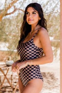 Coastal Ambiance Black and Tan Checkered One Piece Swimsuit | Pink Lily