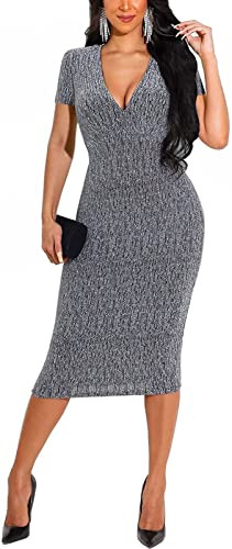 HugeNice Silver One Piece Birthday Elegant Sparkly Dresses for Women Plus Size Sexy Sparkly Deep V Neck Club Party Night Dress | Amazon (US)