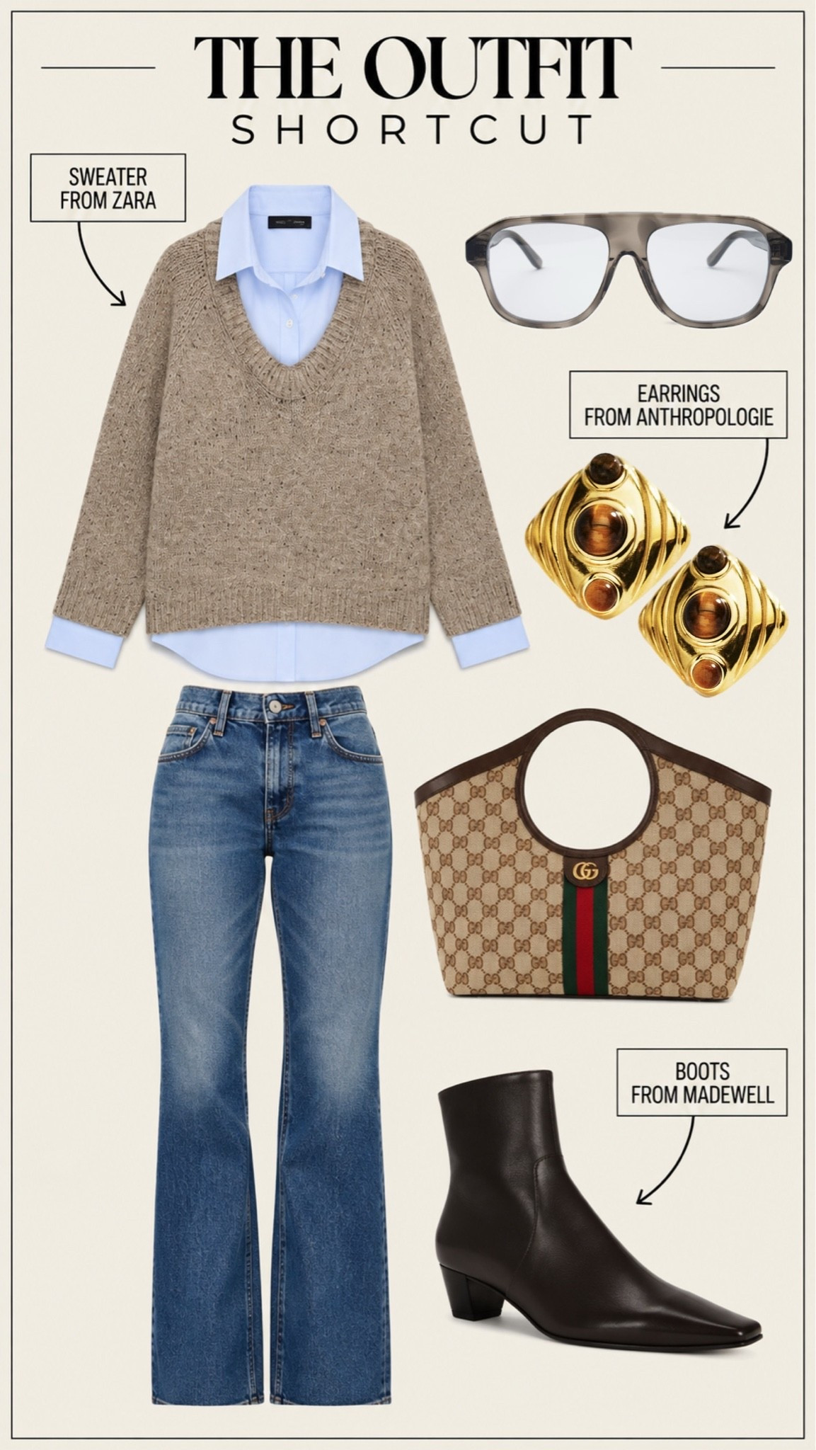 Easy but classy. I like how the earrings add some vintage looking character and the glasses make it more trendy
