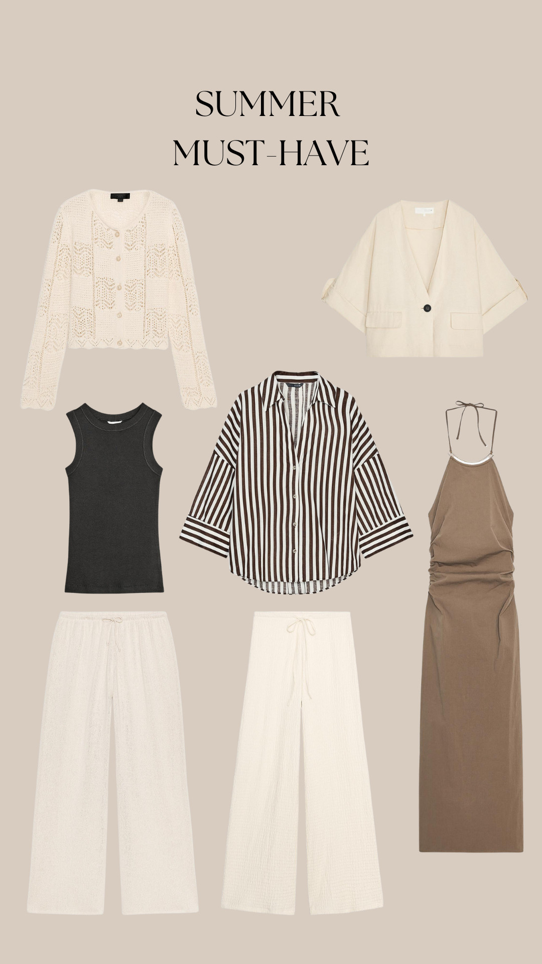 Zara, Summer Outfits, Summer 2025, Halter Neck Dress, Striped Shirt, Ecru Blouse, Knit Cardigan, Tank Top 

 #LTKuk #LTKsummer #LTKeurope