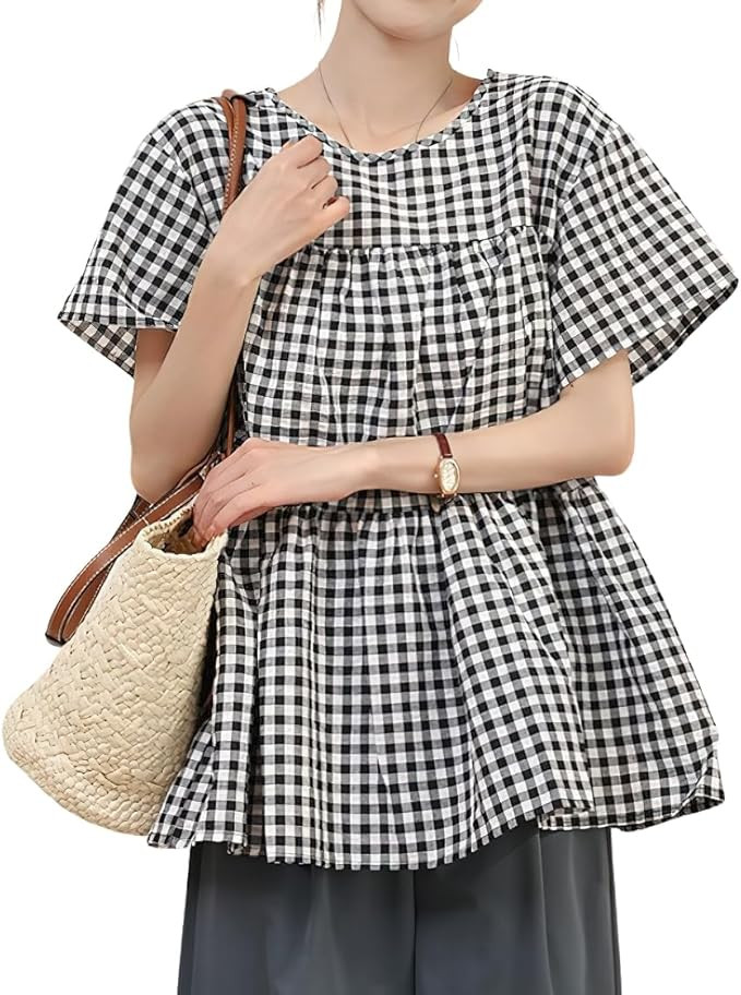 chouyatou Women's Gingham Cotton Shirt Bowknot Short Sleeve Plaid Blouses Ruffle Hem Summer Tunic... | Amazon (US)