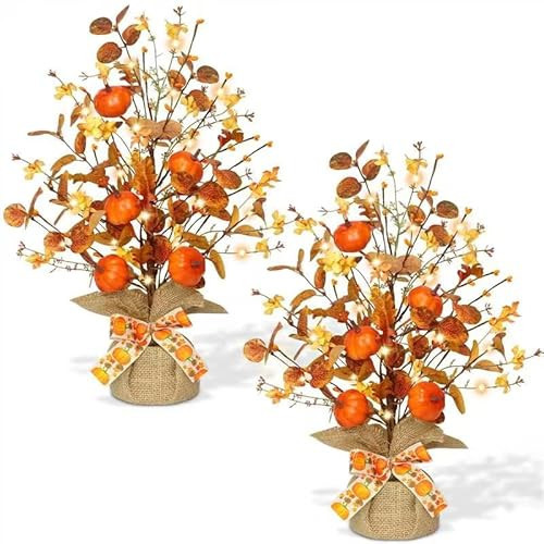 2 Pack & Timer - TURNMEON Lighted Fall Tree Tabletop Fall Decor with 30 LED Battery Operated Artificial Eucalyptus Tree Pumpkins Floral Berries Burlap Base Fall Thanksgiving Decorations Home Indoor | Amazon (US)