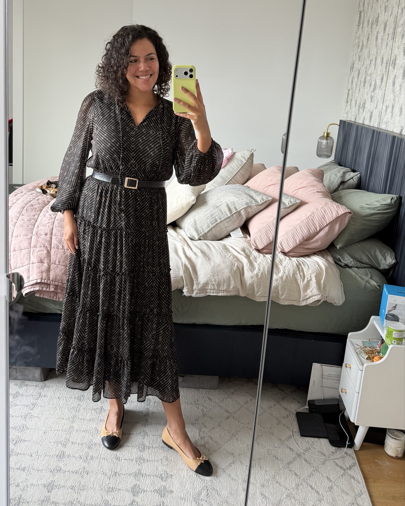 A breezy office outfit for spring days! Gauzy long sleeve midi dress by 1. State (Size L, runs a bit big so I cinched it with a belt). Two-tone cap toe flats by Tory Burch (size 10, TTS). Oversized trench coat by ASOS (size medium, runs large)

#LTKTall #LTKMidsize #LTKWorkwear