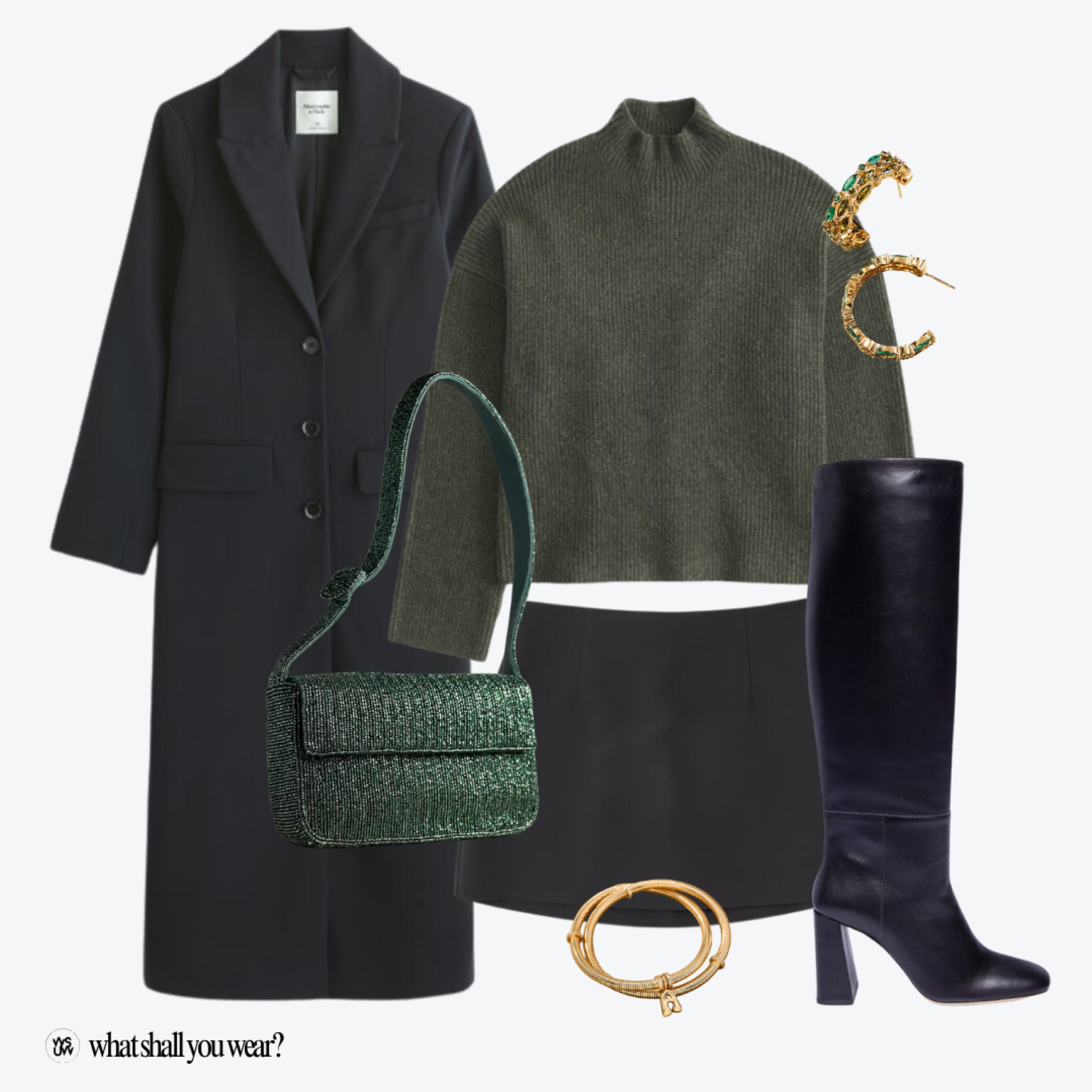 Cute winter outfit idea! Topcoat, woman coat, turtleneck sweater, winter sweater, green sweater, mini skirt, black skirt, tall boots, heeled boots, black boots, beaded purse, green purse, hoop earrings, initial bracelet 

#LTKSeasonal #LTKShoeCrush #LTKItBag