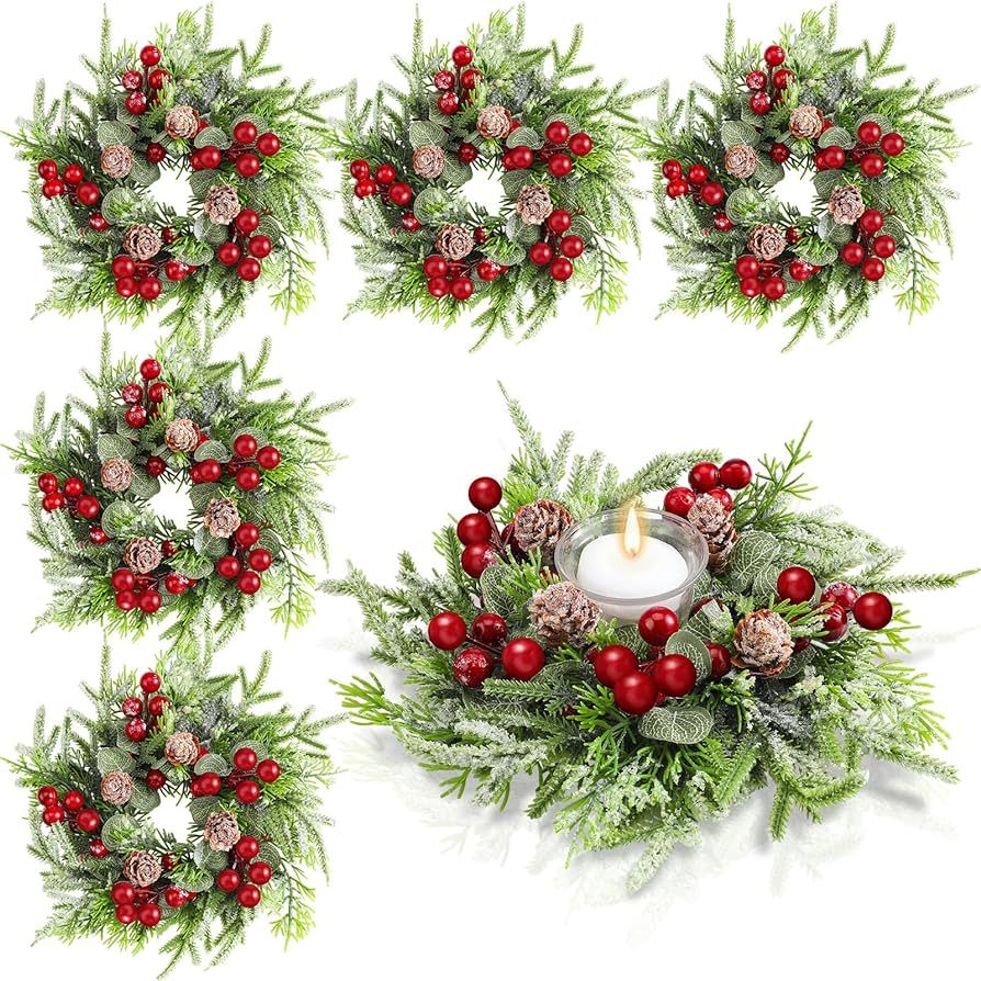 Lyrow Christmas Candle Rings Wreath Norfolk Pine Garland Red Berry Pinecones Wreaths Artificial B... | Amazon (US)