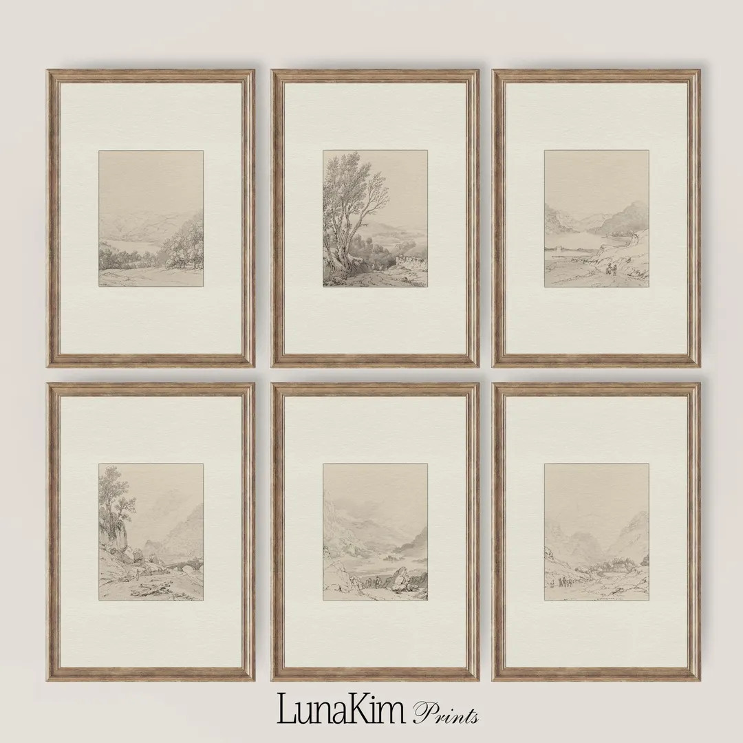 Vintage Landscape Gallery Set 6 Rustic Countryside Sketches Printable Digital Download Minimal Wa... | Etsy (US)