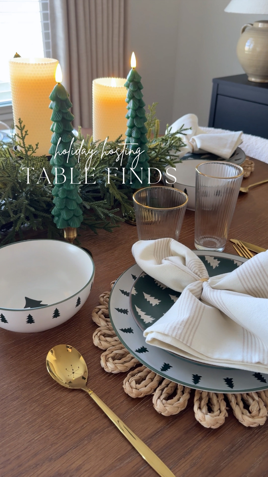 Setting the table for all the holiday moments 🎄 The placemats, tree dinnerware, gold flatware, and ribbed glasses all came together so perfectly. And the gold taper holders + flameless tree candles? The perfect festive glow ✨

#LTKHome #LTKHoliday