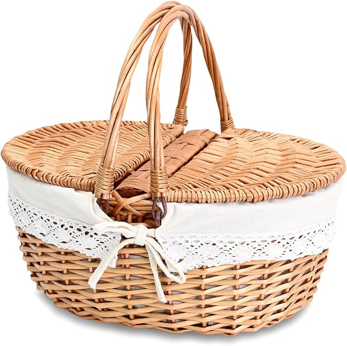Wicker Picnic Basket with Removable Liner Empty Picnic Baskets with Lid, Picnic Hamper with Folda... | Amazon (US)