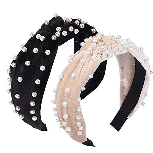 Etercycle 2PCS Headbands for Women, Bow Knotted Wide Headband, Yoga Hair Band Fashion Elastic Hair Accessories for Women (Black pearl, Beige pearl) | Amazon (US)