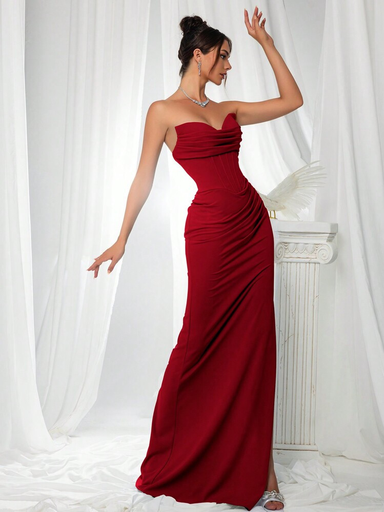VIPGIRL Elegant Bridesmaid Dress: Strapless Flattering Fitted Satin Gown With Corset Bodice & Draped Waist – Minimalist Luxury Formal Evening Wear, Wedding Guest Outfit | SHEIN