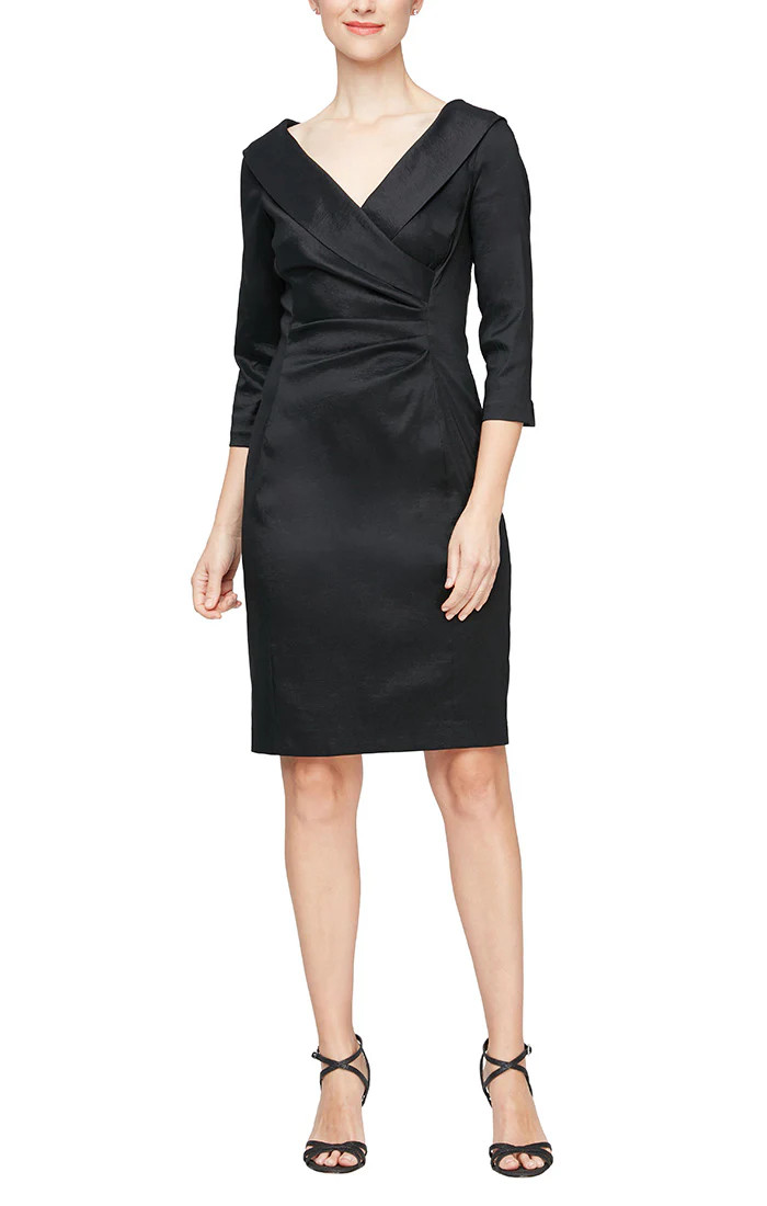 Short Sheath Stretch Taffeta Cocktail Dress with Portrait Collar and Ruched Waist Detail | Alex Evenings