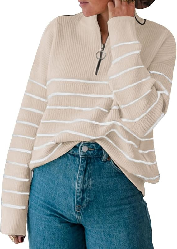 Amkoyam Women's Striped Sweaters 2023 Long Sleeves Knitted Casual Pullovers Loose Shirt Tops with... | Amazon (US)