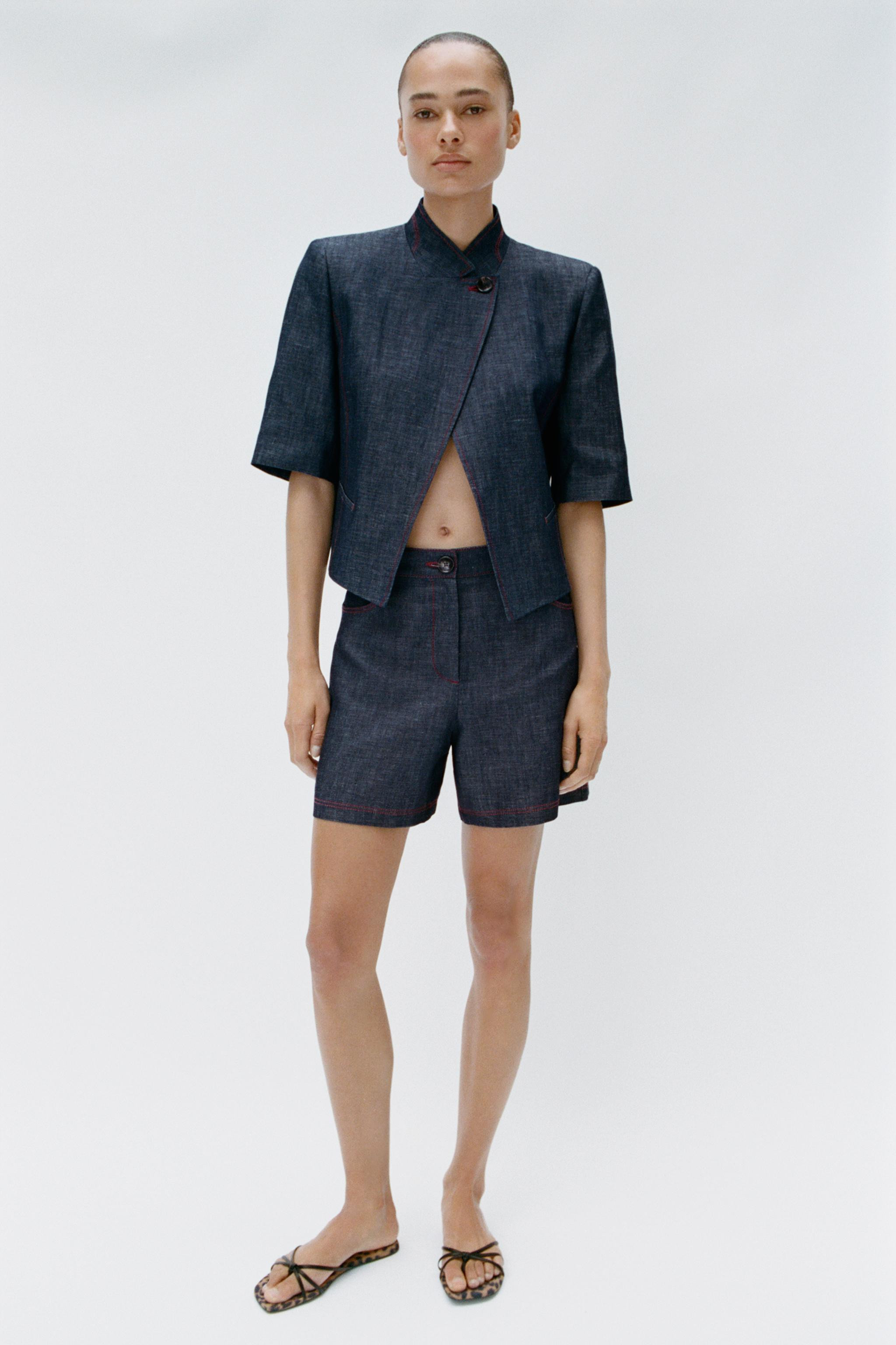LINEN SHORT SLEEVE BLAZER WITH CONTRAST TOPSTITCHING | Zara US