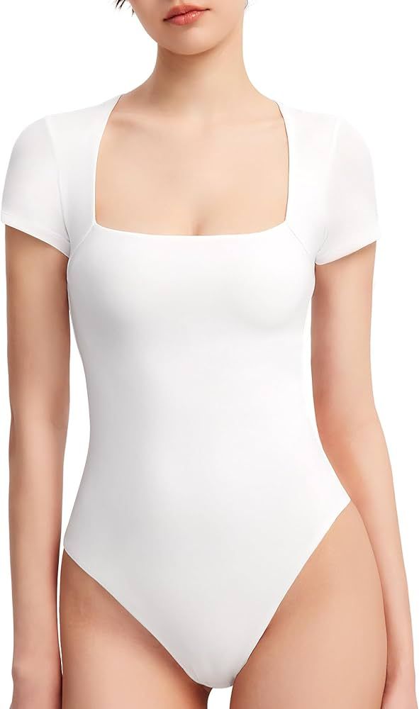 PUMIEY Women's Square Neck Short Sleeve Bodysuit T Shirts Tops For Women Trendy Smoke Cloud Pro C... | Amazon (US)