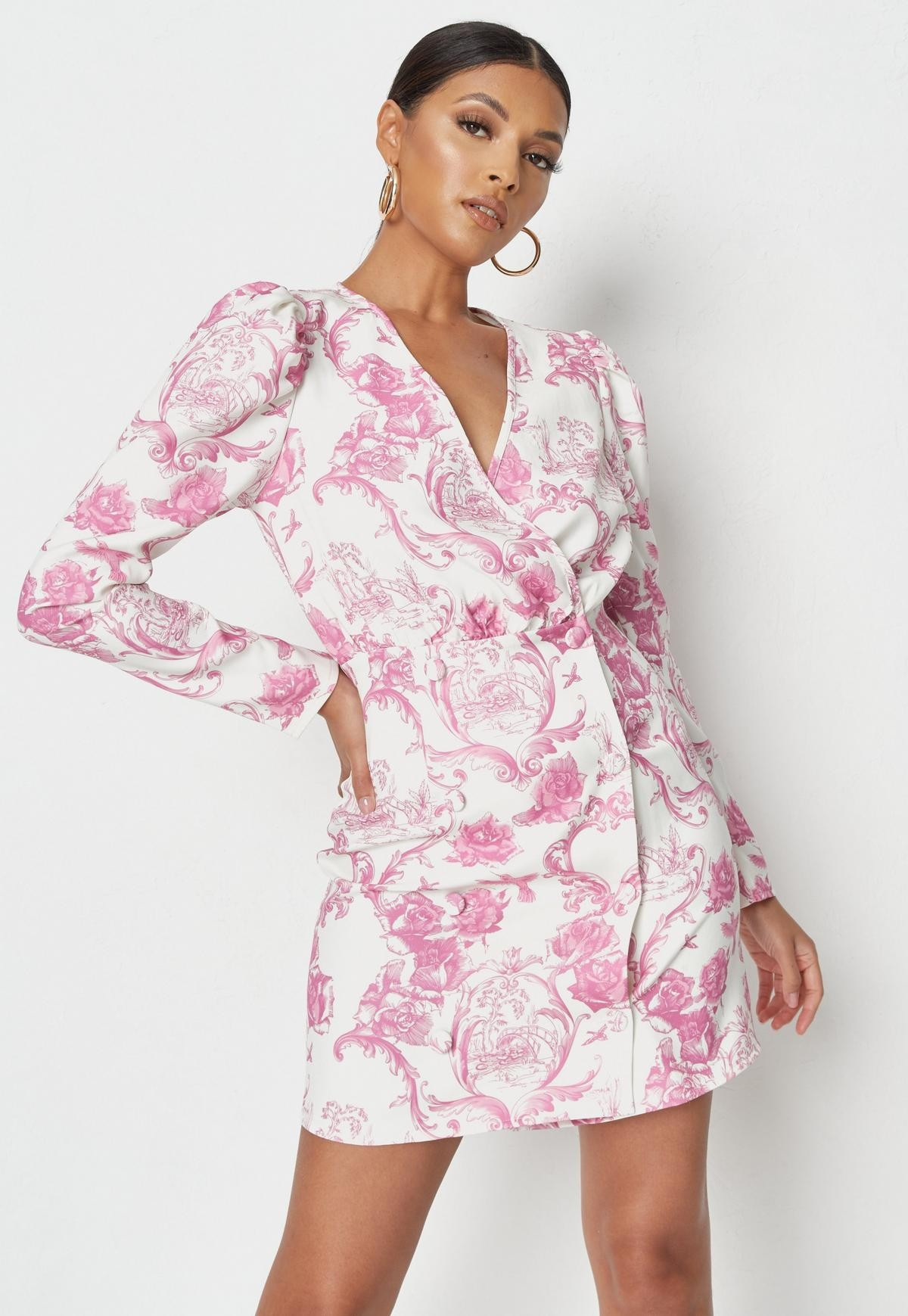 Pink Rose Print Puff Sleeve Wrap Blazer Dress | Missguided (US & CA)