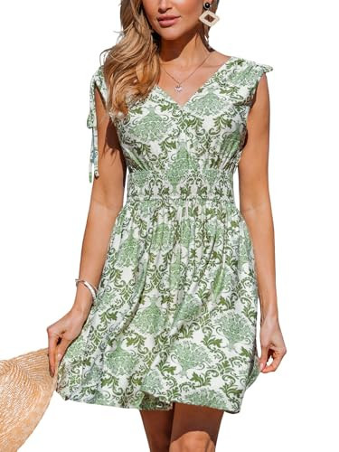 CUPSHE Women's Mini Dress V Neck Short Sleeve Floral Smocked Waist Short Casual Summer Dress Light Green Paisley XL | Amazon (US)