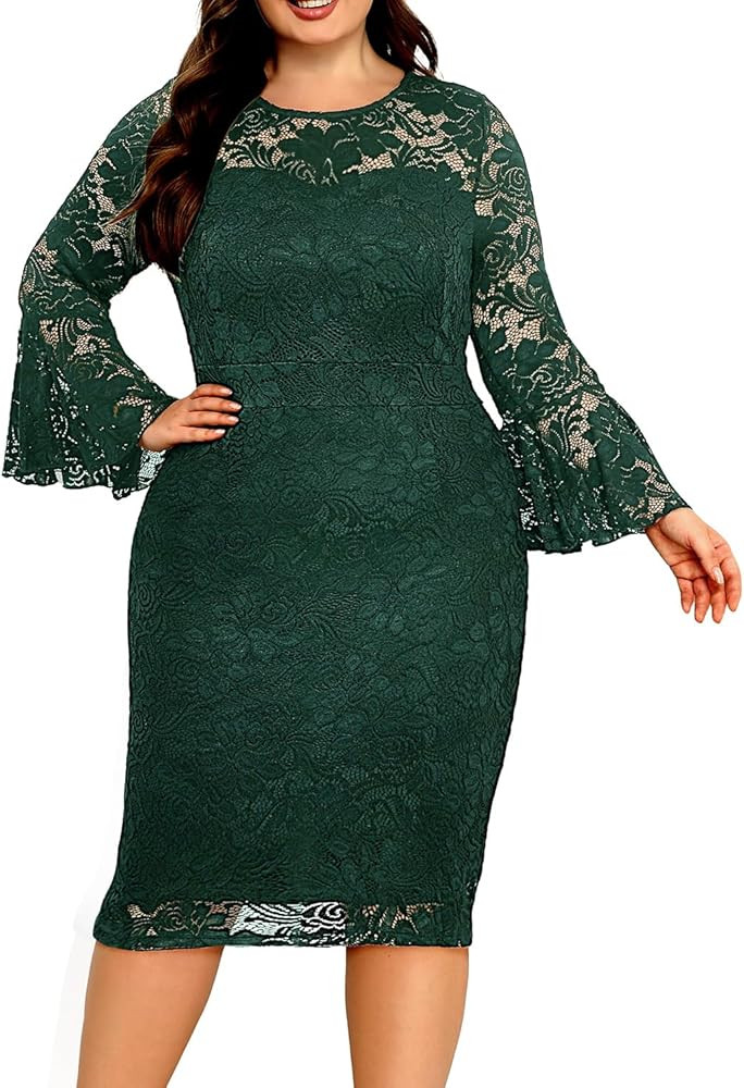 Holipick Women's Plus Size Lace Bell Sleeve Dress Wedding Guest Cocktail Party Elegant D... | Amazon (US)