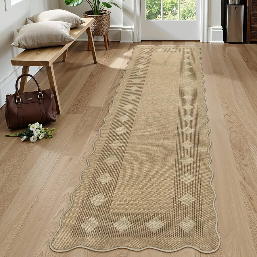 LIVEBOX Easy Jute Diamond Runner Rug for Kitchen, Scalloped Washable 2x8 Tan Rugs for Hallway Ent... | Amazon (US)