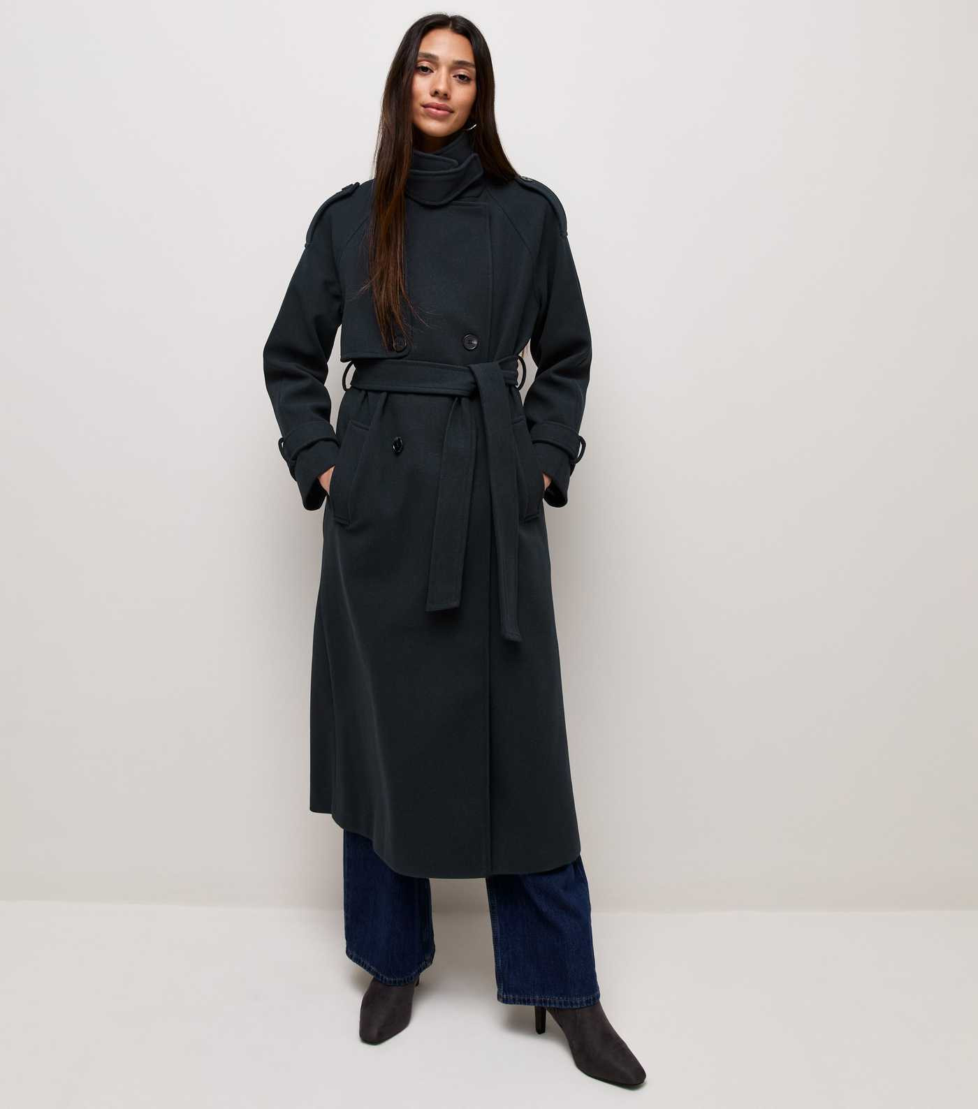 Navy Belted Double Breasted Funnel Neck Coat | New Look | New Look (UK)