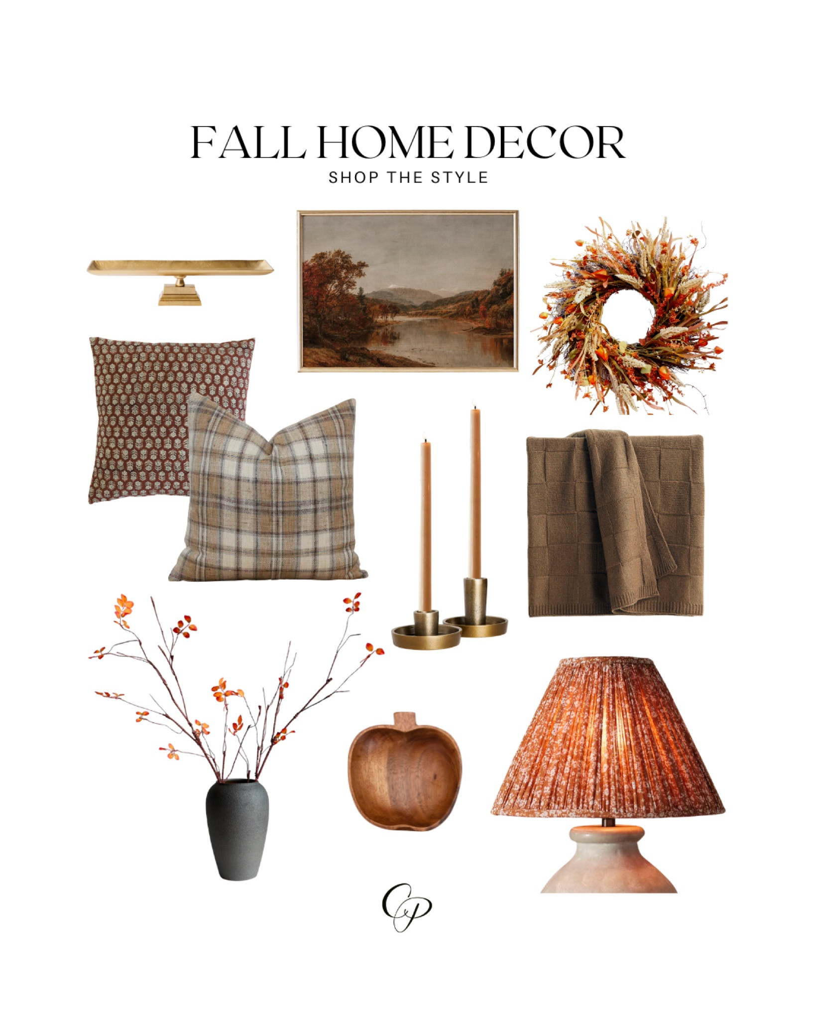 Autumn | Fall Decor | Throw Pillows | Checkered Blanket | Block Print | Plaid | Brown Tones | Brass Candle Holder | Tapered Candle | Patterned Lamp Shade | Pumpkin | Wood Bowl | Faux Branches | Tray | Vintage Print | Landscape | Autumnal Wreath 

#LTKhome #LTKSale #LTKSeasonal