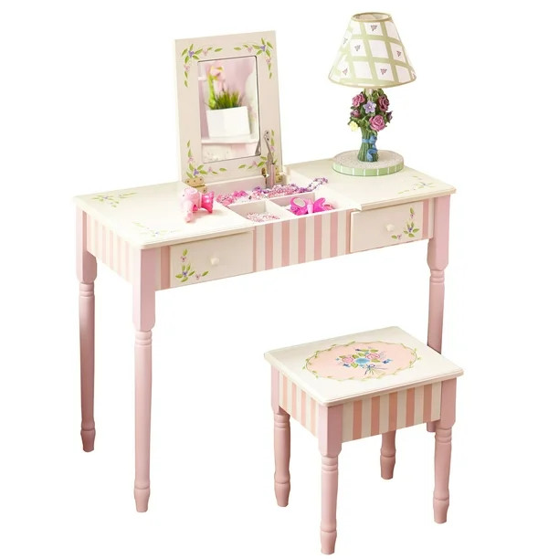 Fantasy Fields Vintage Bedroom Wooden Children's Play Table Vanity Set Makeup Desk w/ Stool, Pink... | Walmart (US)
