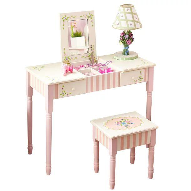 Fantasy Fields Vintage Bedroom Wooden Children's Play Table Vanity Set Makeup Desk w/ Stool, Pink... | Walmart (US)