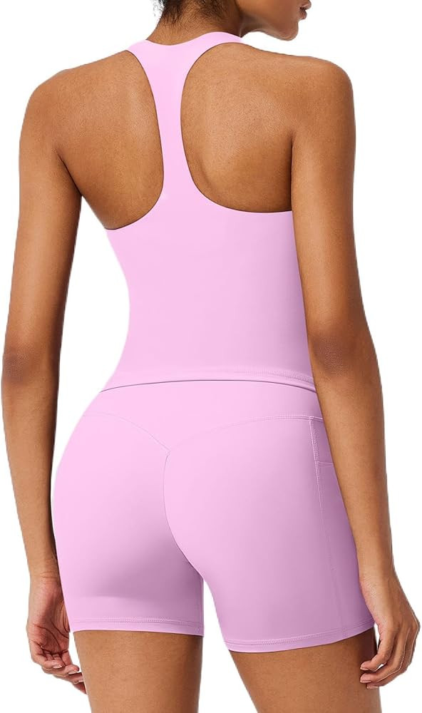 RXRXCOCO Racerback Workout Sets for Women 2 Piece Padded Scoop Neck Tank Tops Hidden Scrunch Boot... | Amazon (US)