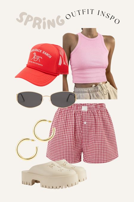 Spring style! Amazon tank and boxer shorts, love a pop of red with this hat and Amazon accessories 