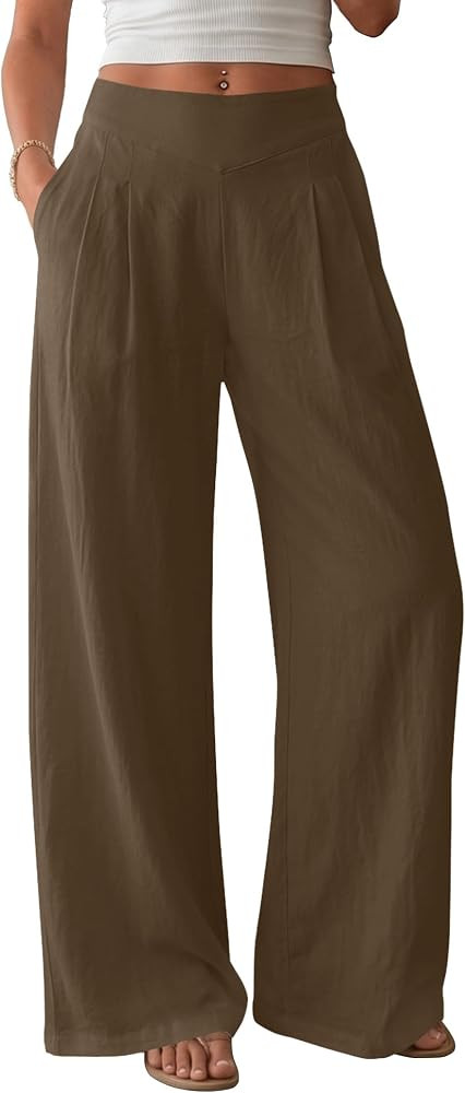AKEWEI Women's Wide Leg Linen Pants Summer Casual Elastic Waist Long Lounge Travel Pants | Amazon (US)