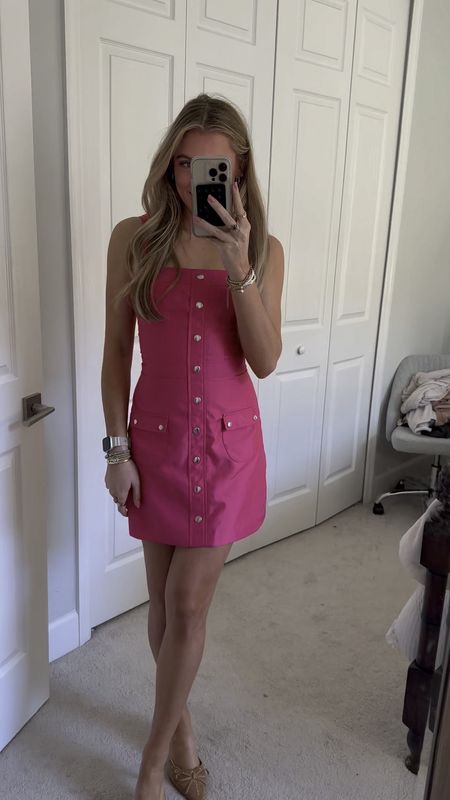 Amanda Uprichard. @amandauprichard #amandauprichard | Amanda Uprichard Archie dress in nylon hot pink size XS. Fitted Mini Dress, Wide Straps, Patch Pockets, Front Button Snaps 

#LTKVideo #LTKstyletip #LTKSeasonal