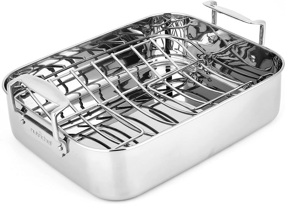 Roasting Pan with Polished Rack, Wide Handle, and Stainless Steel Lid, Turkey Chicken Roasting Pa... | Amazon (US)