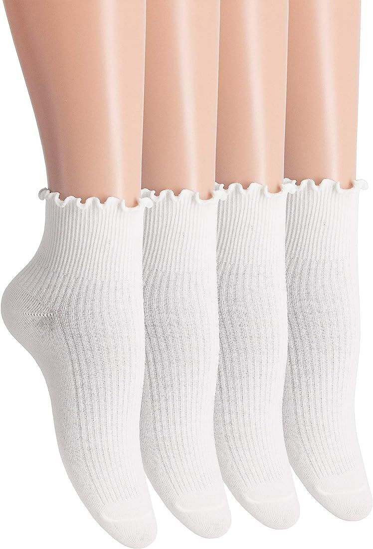 SRYL Women Ankle Socks Ruffle Turn-Cuff,Lovely double needle solid color edge relent Girl socks | Amazon (US)